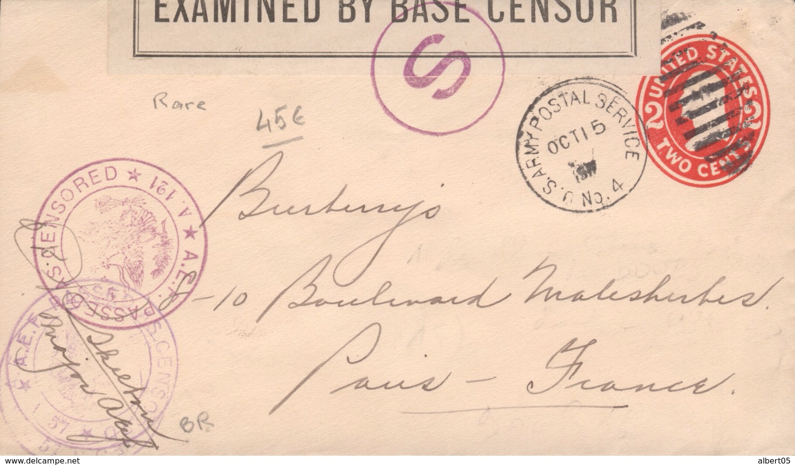 Army Postal Service - Examined By Base Censor - Lettre Chargée - Guerre De 1914-18