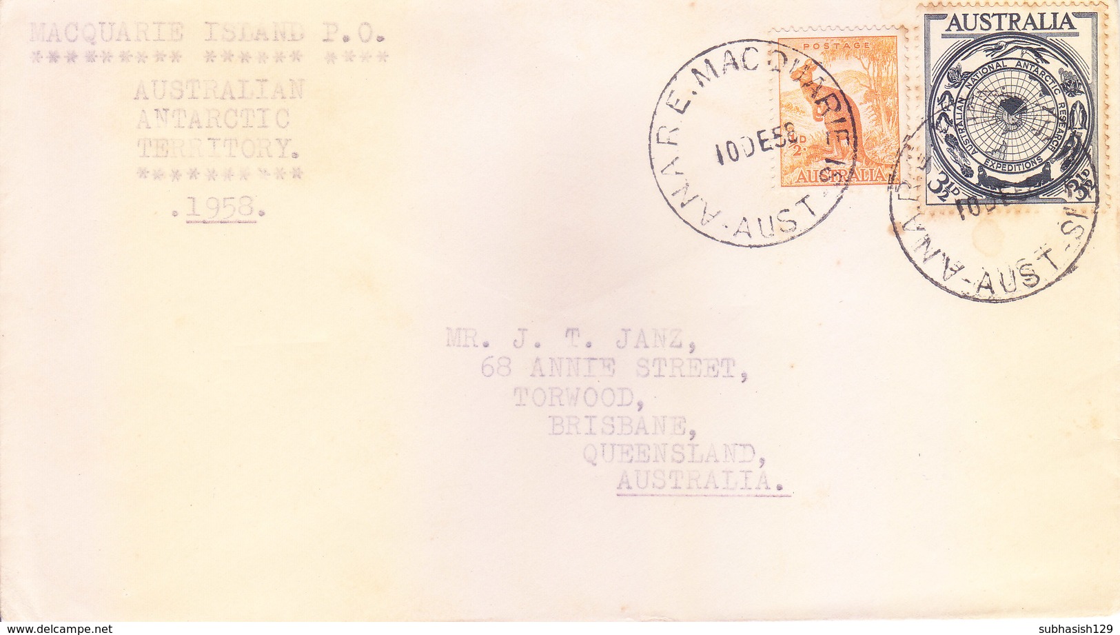 AUSTRALIAN ANTARCTIC TERRITORY - 1958 COVER POSTED FROM MACQUARIE ISLAND POST OFFICE FOR AUSTRALIA - Covers & Documents