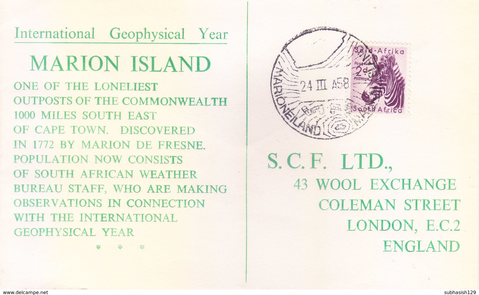 SOUTH AFRICA 1958 FIRST DAY COVER - MARION ISLAND - INTERNATIONAL GEOPHYSICAL YEAR - Unclassified