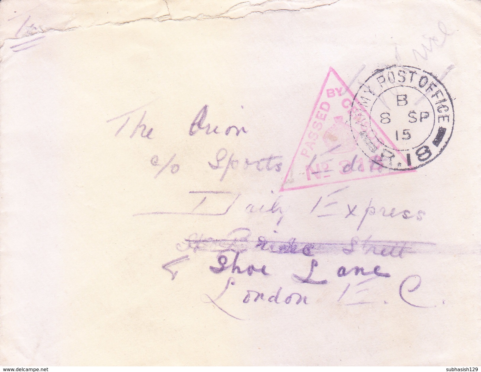GREAT BRITAIN - 1915 FIRST WORLD WAR COVER POSTED FROM ARMY POST OFFICE NO. R. 18 WITH CENSOR MARKINGS - Brieven En Documenten