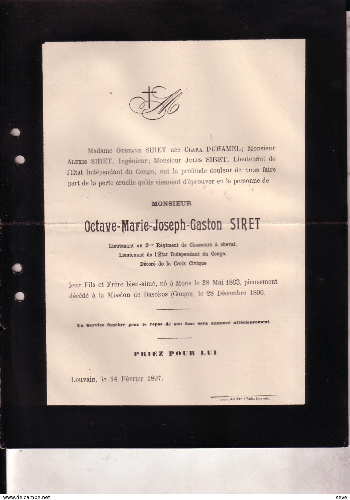 CONGO LOUVAIN Octave SIRET Mons 1863 - Mission De BASOKOS 28 Décembre 1896 Lt Etat Indépendant 2e Chasseurs à Cheval - Avvisi Di Necrologio