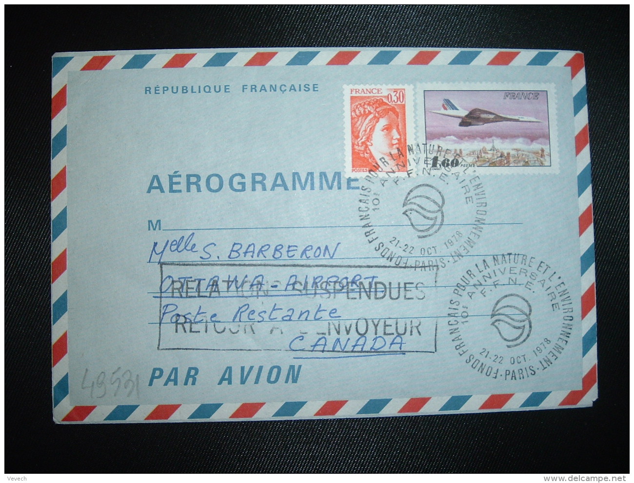 AEROGRAMME 1,60 + SABINE DE GANDON 0,30 OBL.21-22 OCT 1978 PARIS NATURE ET ENVIRONNEMENT Pour POSTE RESTANTE CANADA - 1960-.... Lettres & Documents