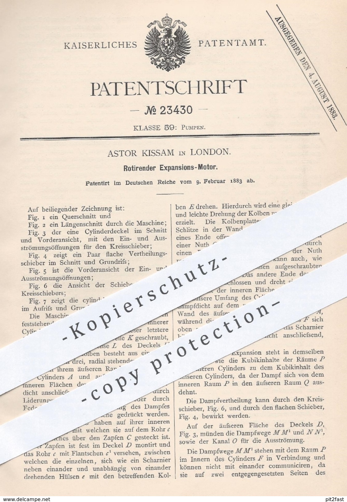 Original Patent - Astor Kissam , London , 1883 , Rotierender Expansions - Motor | Motoren , Rotation , Pumpe , Pumpen !! - Historische Dokumente