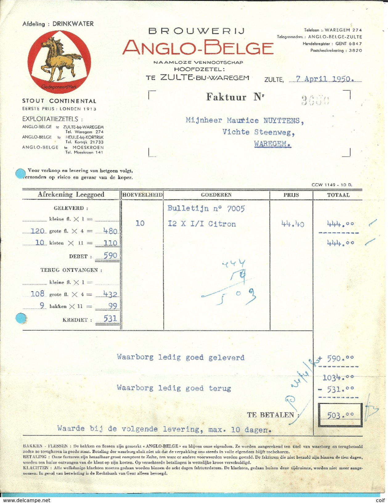 BROUWERIJ ANGLO-BELGE / ZULTE-BIJ-WAREGEM 1950  (BRASSERIE / BIERRE) - Alimentaire