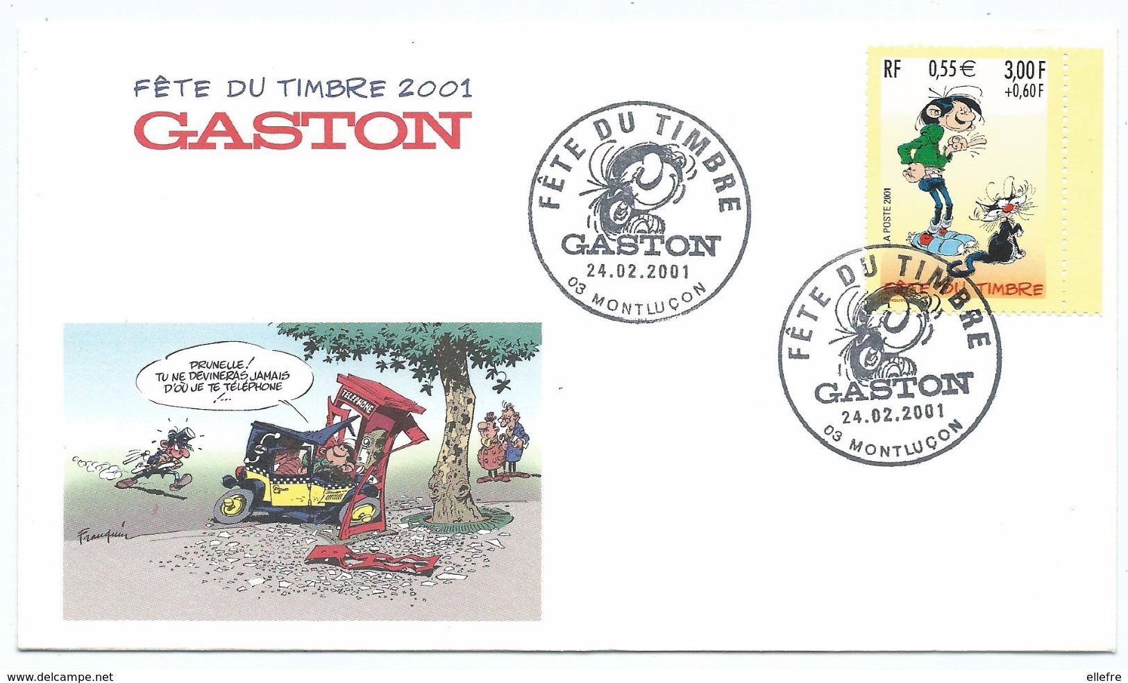 Fête Du Timbre 2001  - Franquin Gaston Lagaffe Voiture Agent Cabine Téléphonique - 03 Montluçon - 15/03/2002 - 2000-2009
