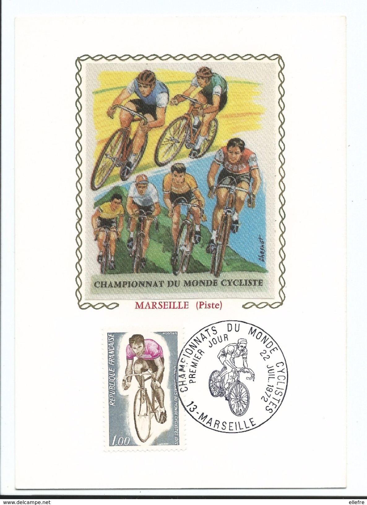 Championnats Du Monde Cycliste - Marseille Piste 1972 - Carte Tissu Soie Signée Chesnot - 1er Jour 22/7/1972 - Radsport