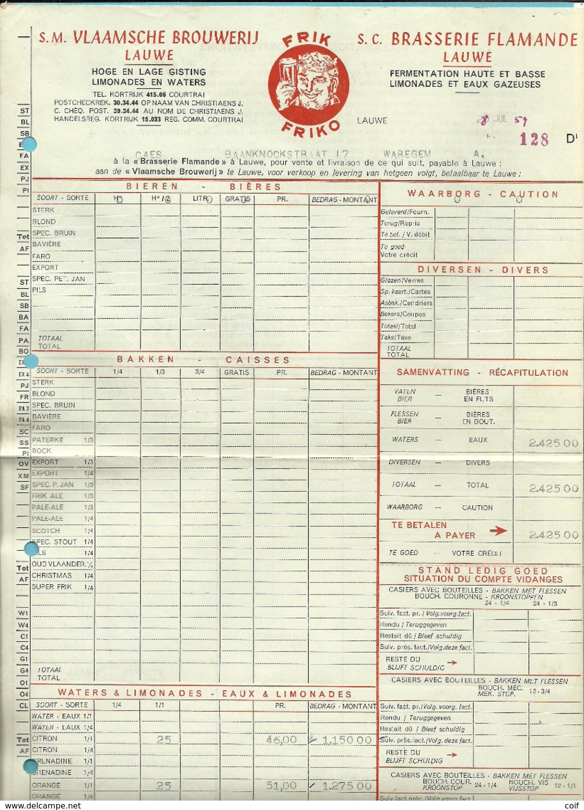 VLAAMSCHE BROUWERIJ LAUWE / FRIK-FRIKO / 1959 (BRASSERIE / BIERRE) - Alimentaire