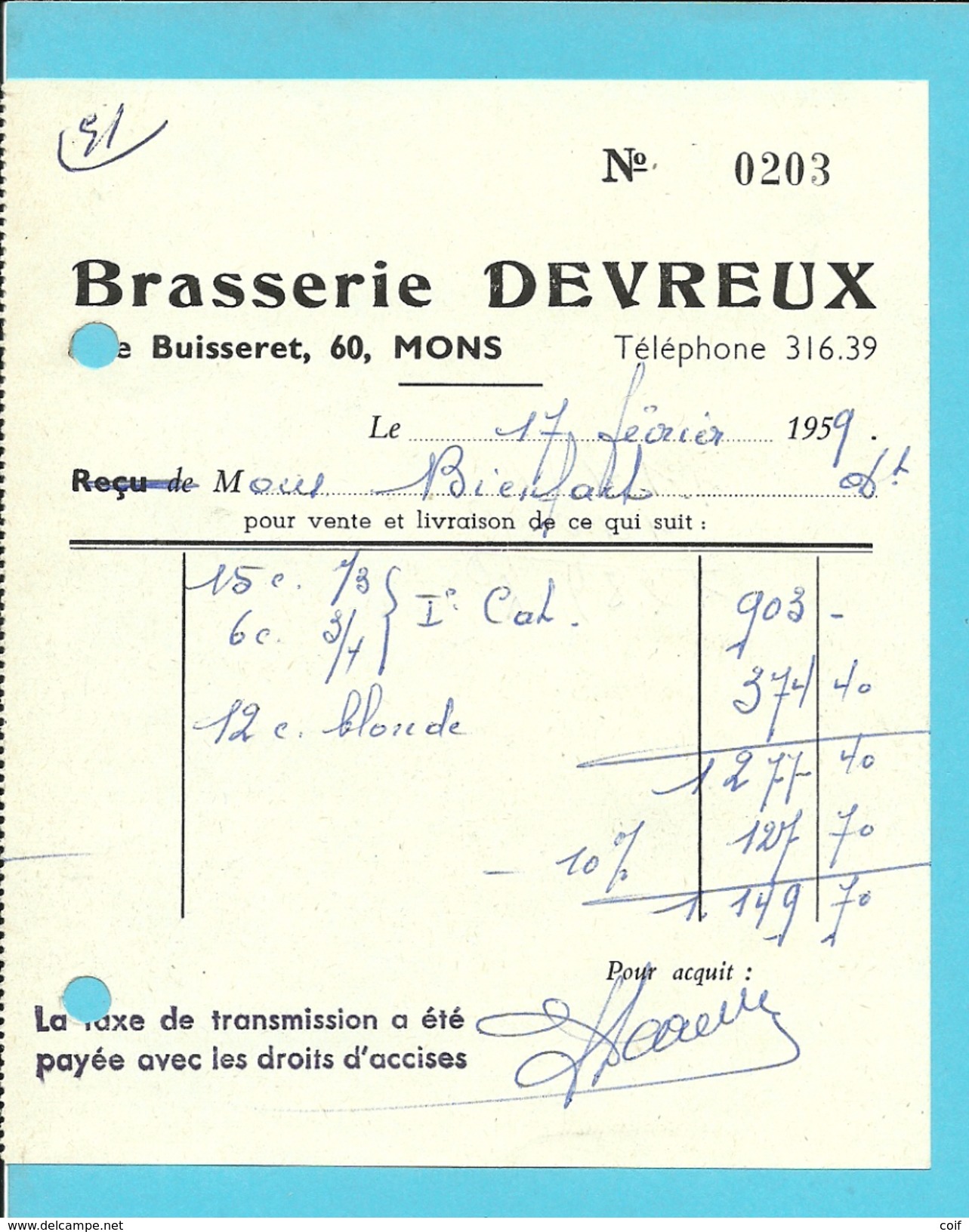 BROUWERIJ DEVREUX MONS 1959 (BRASSERIE / BIERRE) - Alimentaire