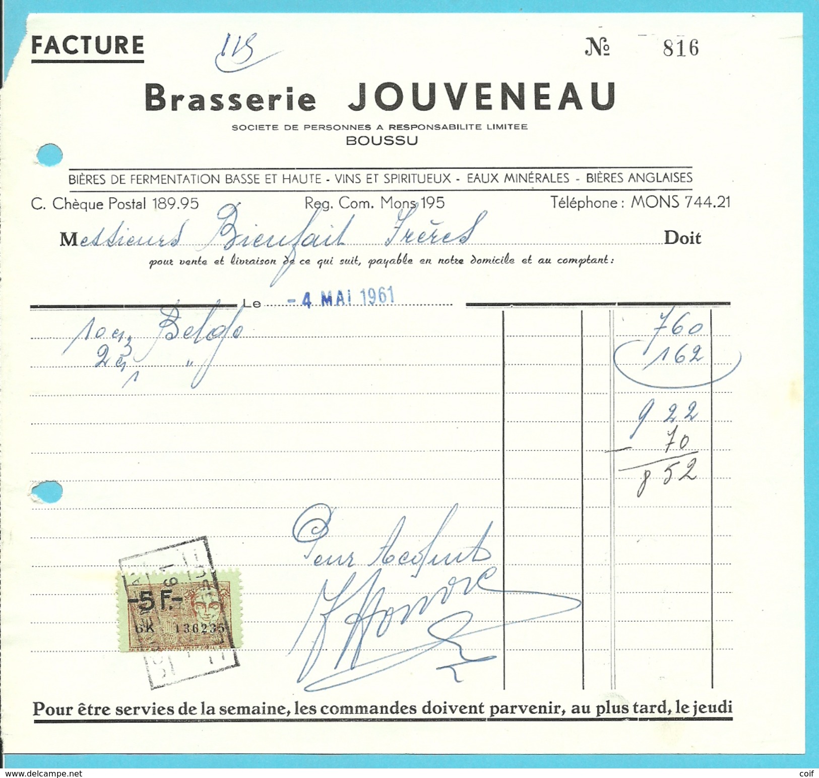 BROUWERIJ JOUVENEAU  BOUSSU 1961 (BRASSERIE / BIERRE) - Alimentaire