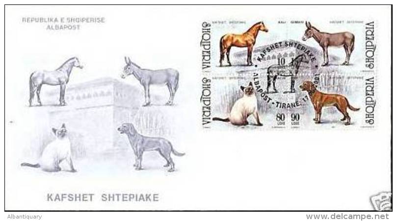 Albania Stamps 2001. Domestic Animals - Cat, Dog, Horse, Donkey. 2813-2816. FDC Set Sheet MNH. - Albania