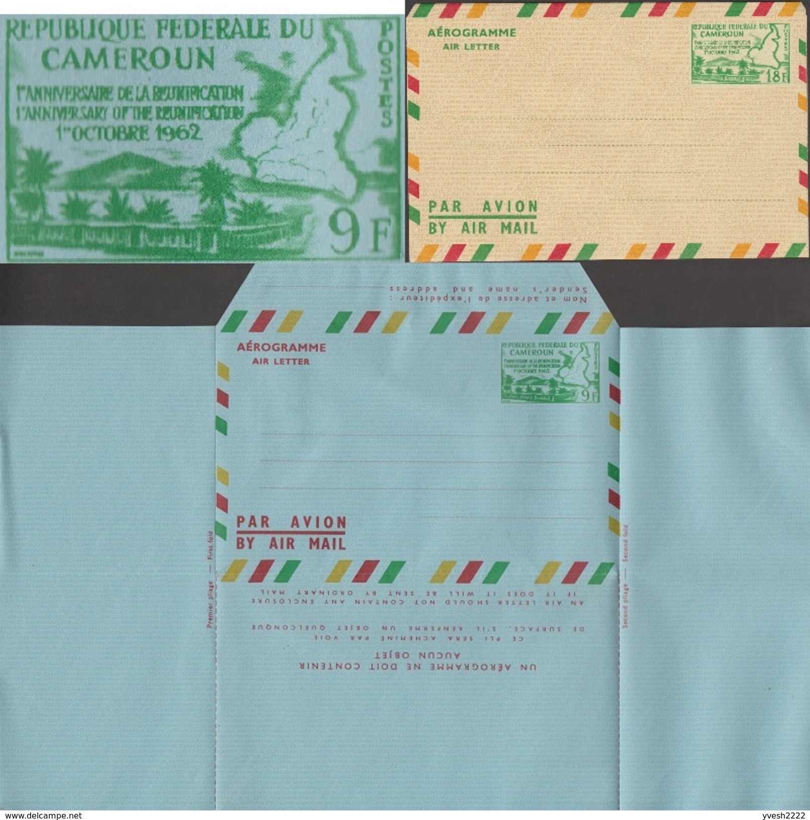 Cameroun 1962. Les 2 Premiers Aérogrammes à 9 Et 18 F. Réunification, Carte Du Cameroun, Paysage, Volcan - Volcans