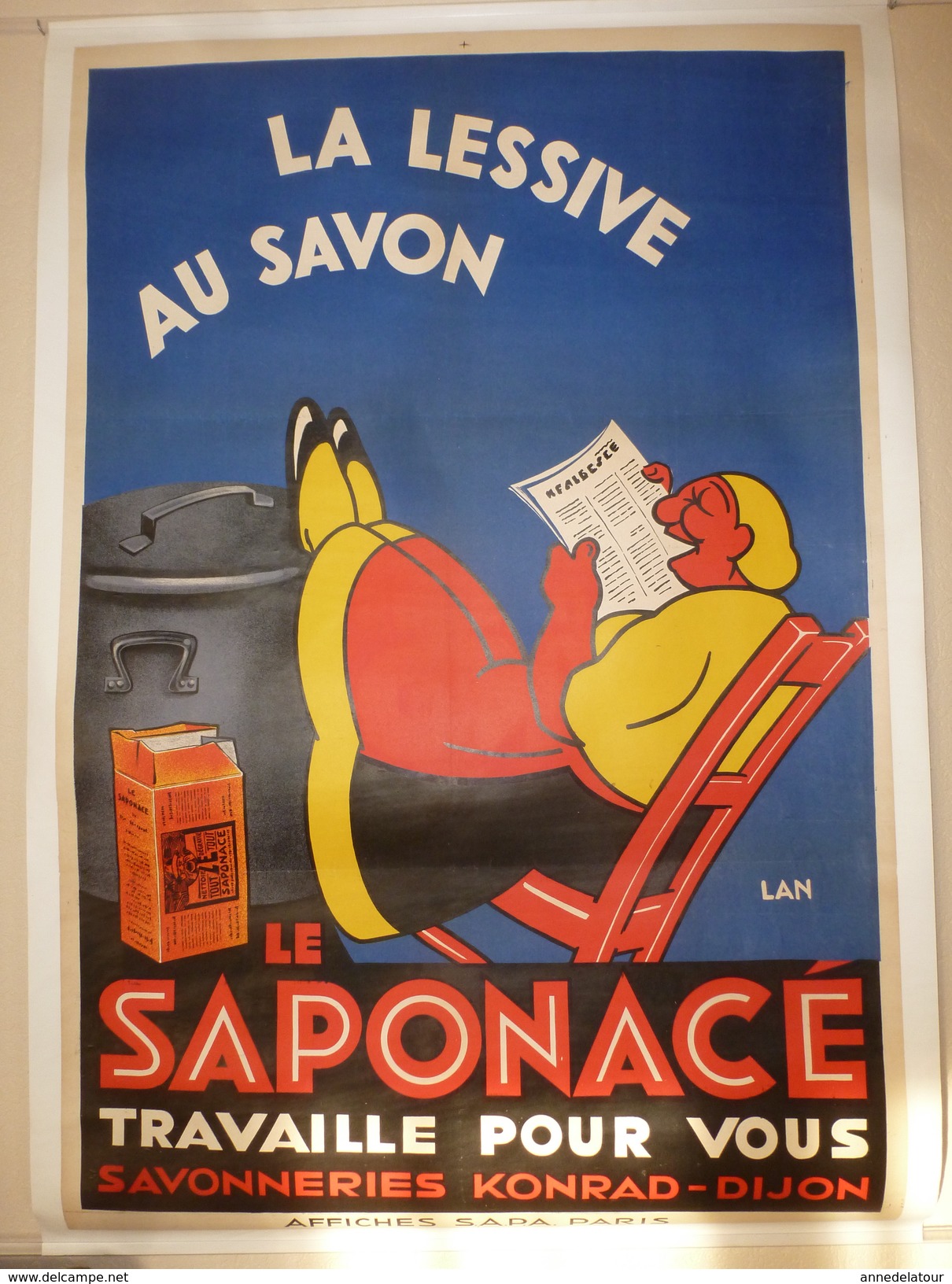 1914 Rare Affiche Ancienne Originale LA LESSIVE AU SAVON : LE SAPONACE TRAVAILLE POUR VOUS ,signée Lan ,(125 X 85cm) - Affiches