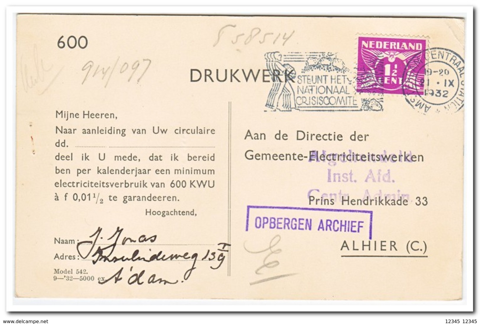 Briefkaart Stempel Amsterdam Centraal Station 19-20.21.IX 1932 ( Gemeente Electriciteitswerken) - Brieven En Documenten