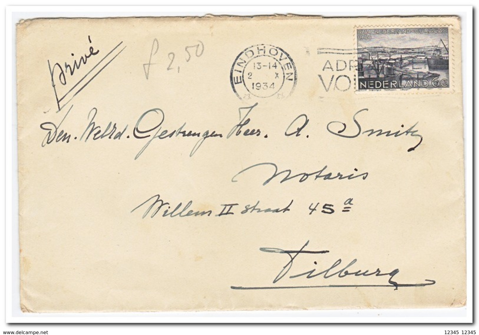 Brief Van Eindhoven Naar Tilburg ( Afstempeling Eindhoven 13-14,2  X 1934 ) - Brieven En Documenten