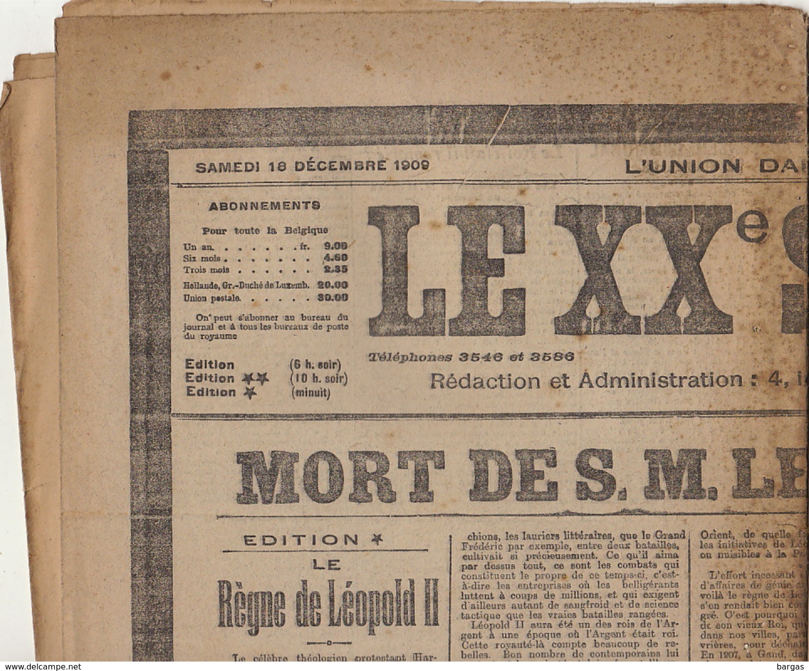 Journal Ancien LE XXè SIECLE Samedi 18 Décembre 1909 Mort Du Roi  Léopold II - 1850 - 1899