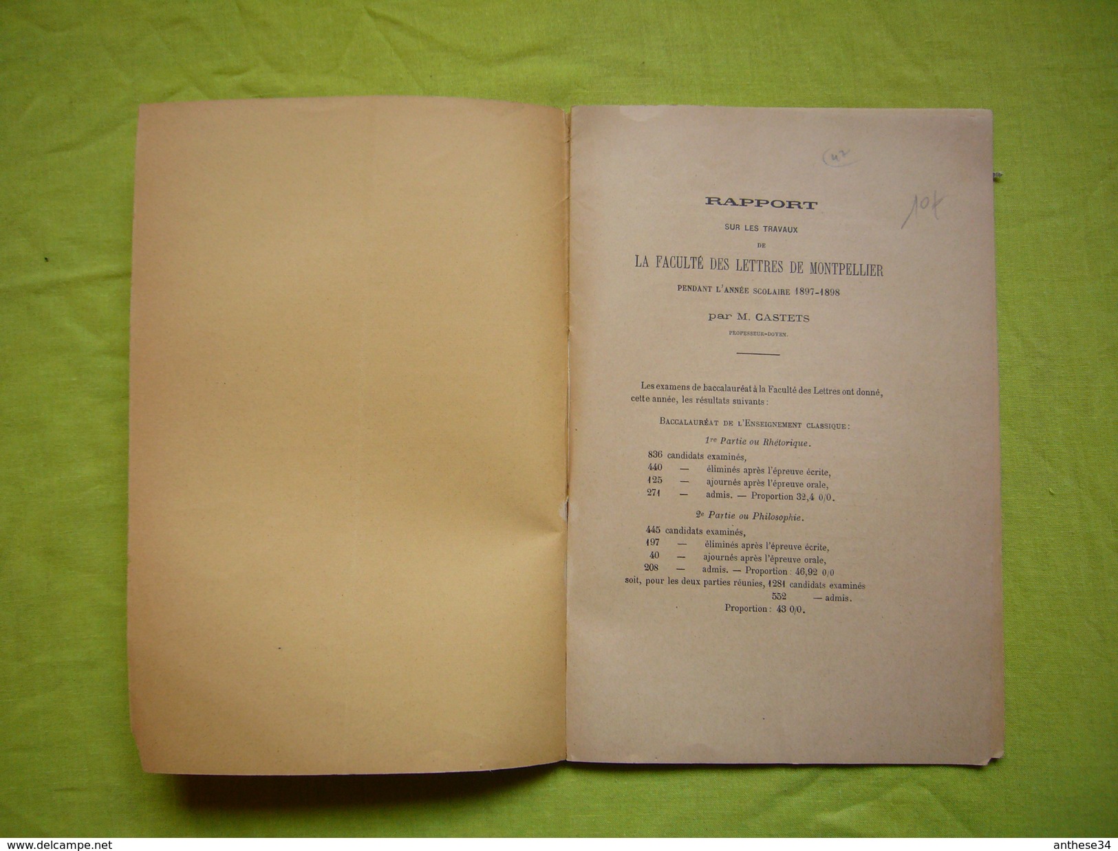 Plaquette 1897 1898 Rapport Sur Les Travaux Faculté Des Lettres De Montpellier Par Mr Castets - Zonder Classificatie