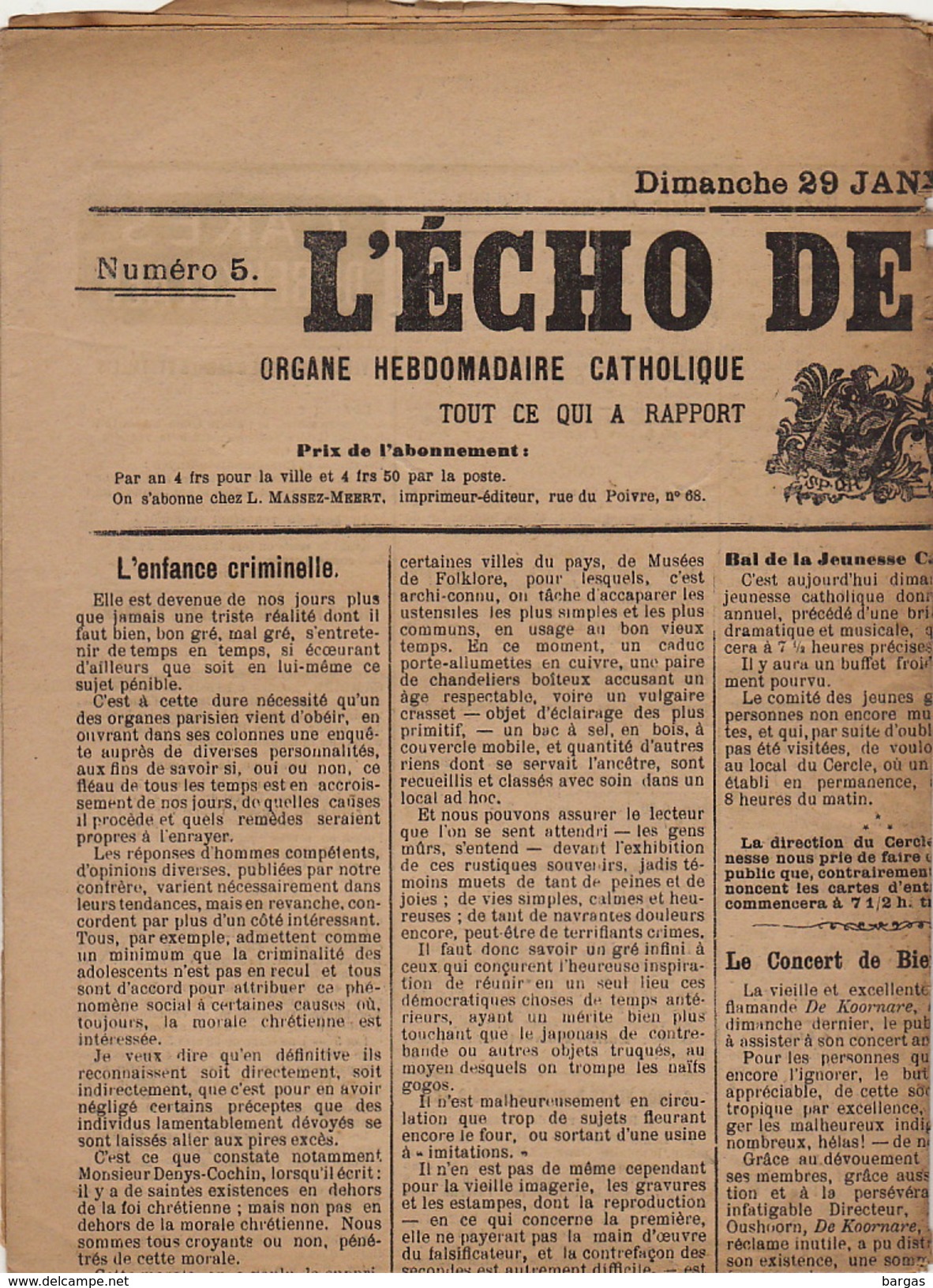 Journal Ancien Catholique L'ECHO DE RENAIX Ronse Chanoine Puissant La Commune 29 Janvier 1911 - 1850 - 1899