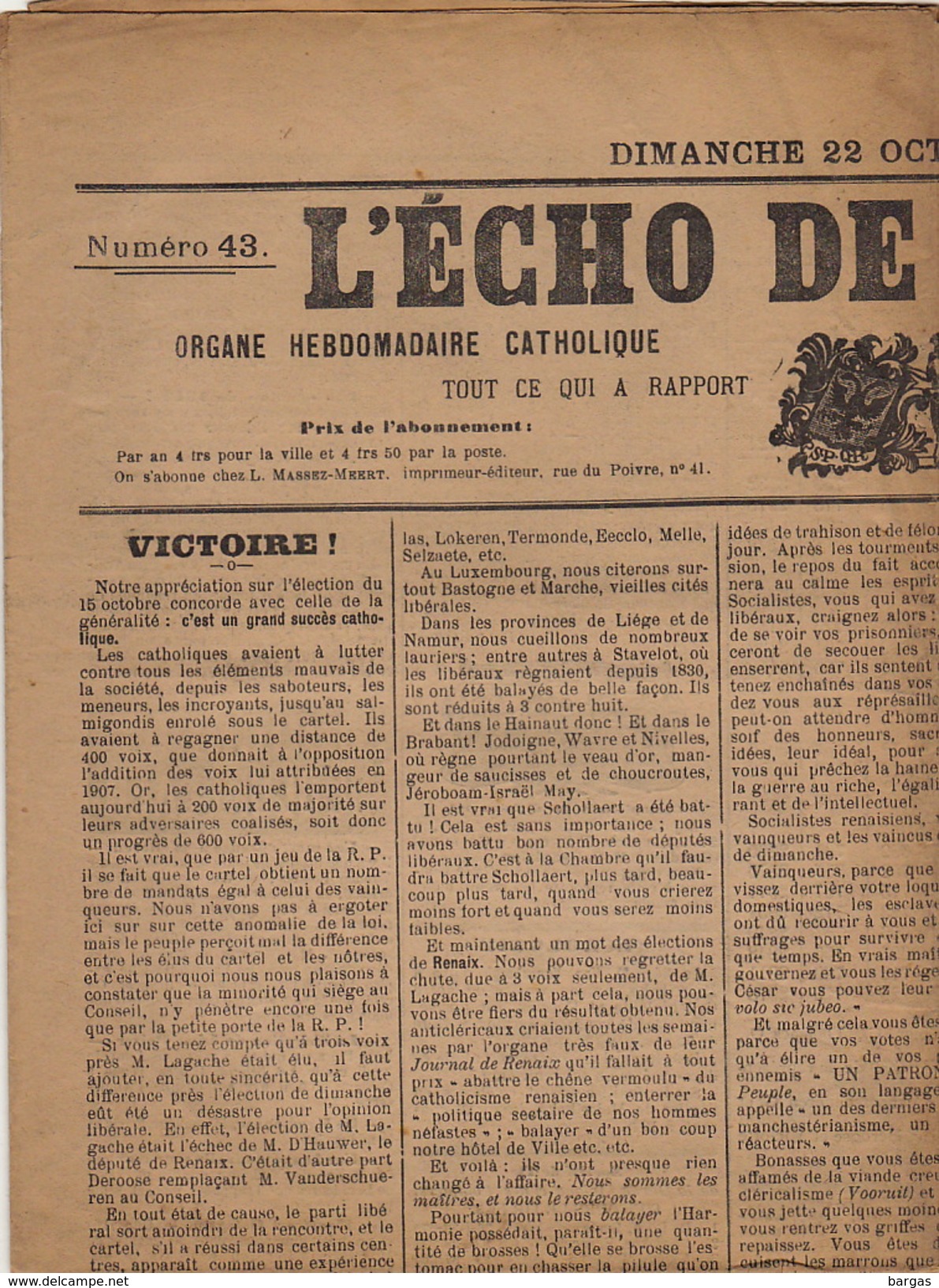 Journal Ancien Catholique L'ECHO DE RENAIX Ronse Succès Catholique Election Du 22 Octobre 1911 Résultat Officiel - 1850 - 1899