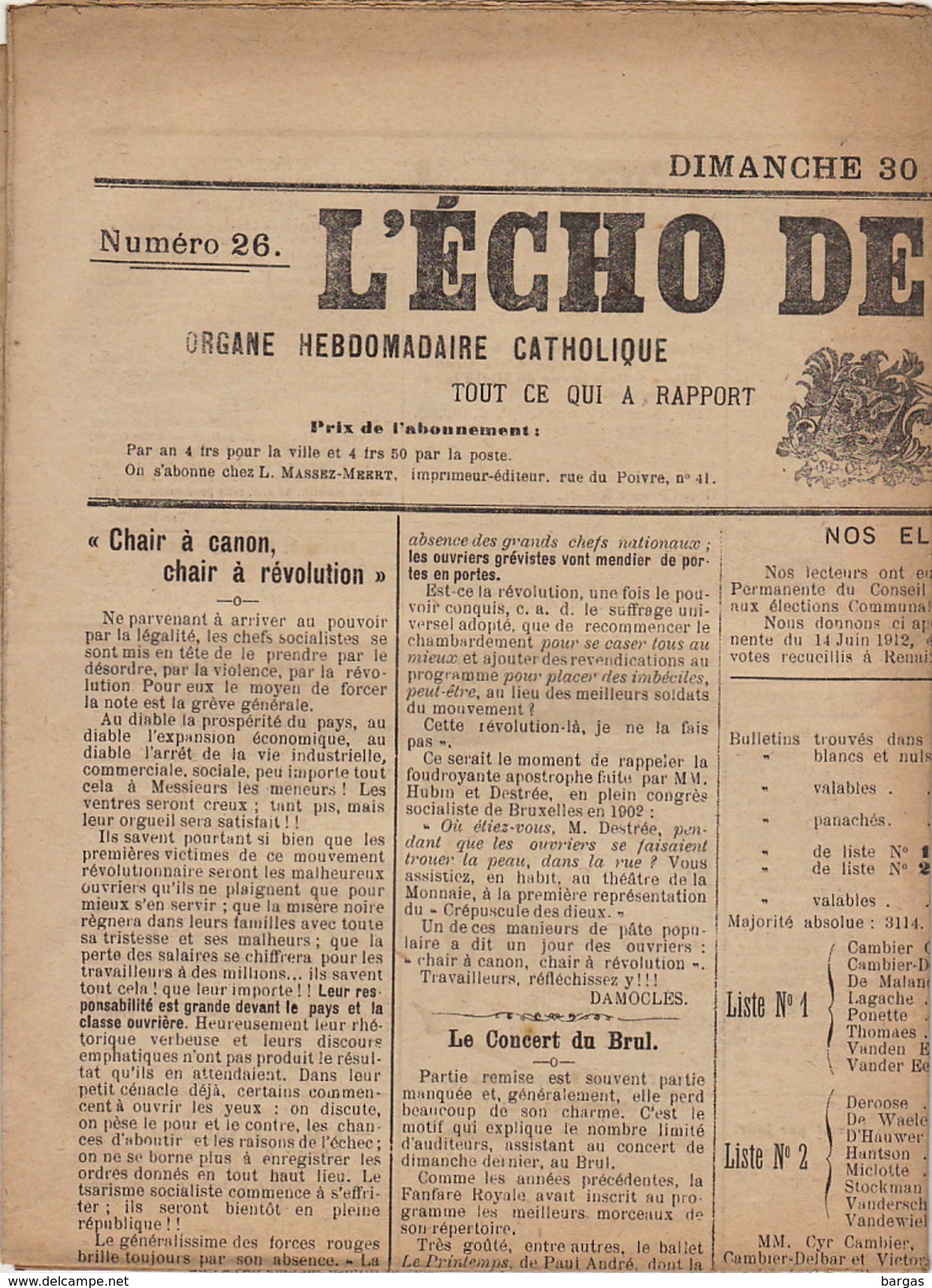 Journal Ancien Catholique L'ECHO DE RENAIX Ronse 10 Novembre 1912 Question Flamande Saint Hermes Gauche Libérale - 1850 - 1899
