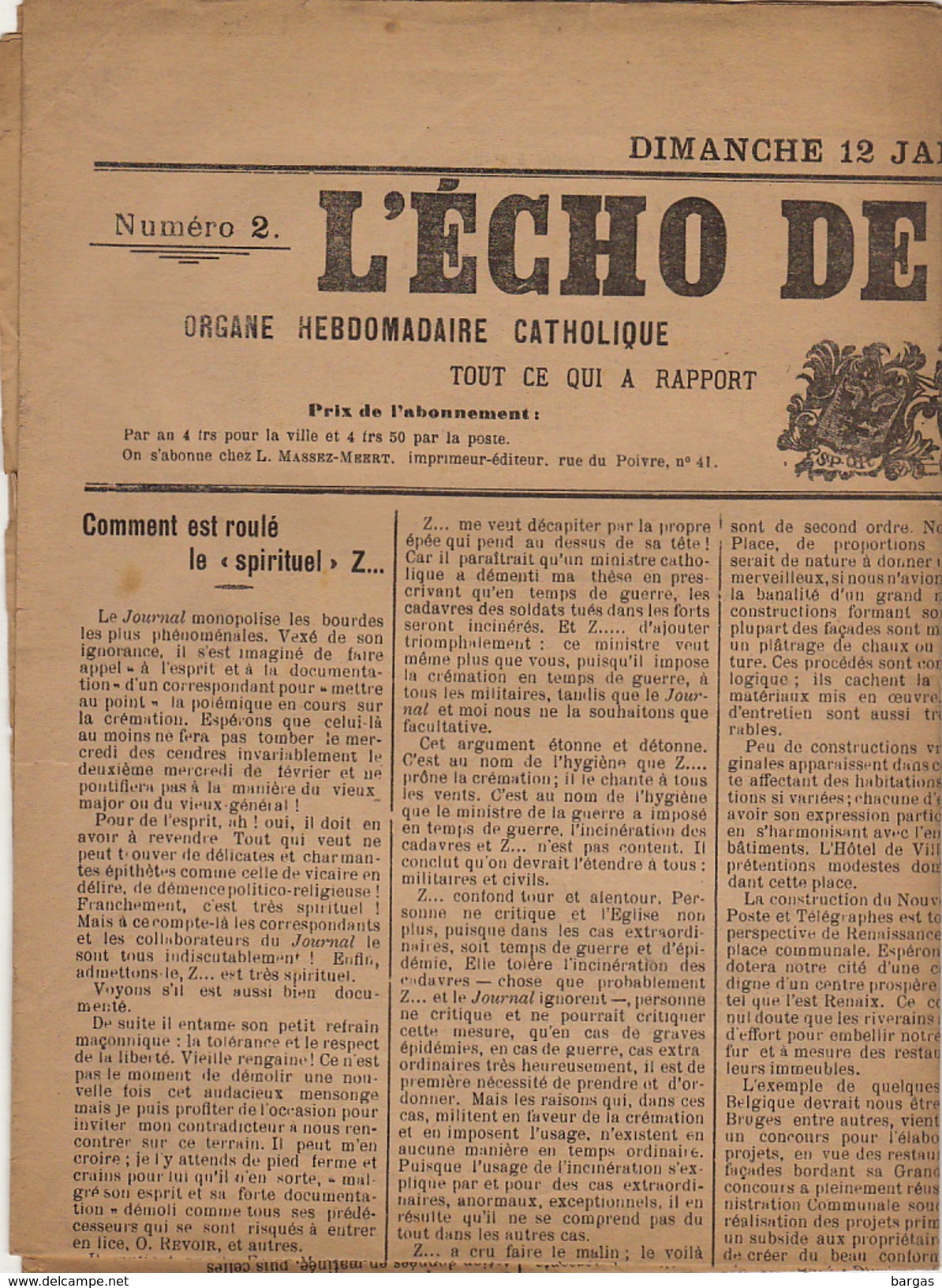 Journal Ancien Catholique L'ECHO DE RENAIX Ronse 12 Janvier 1913 Syndicat Neckebroeck Question Des Cinémas - 1850 - 1899