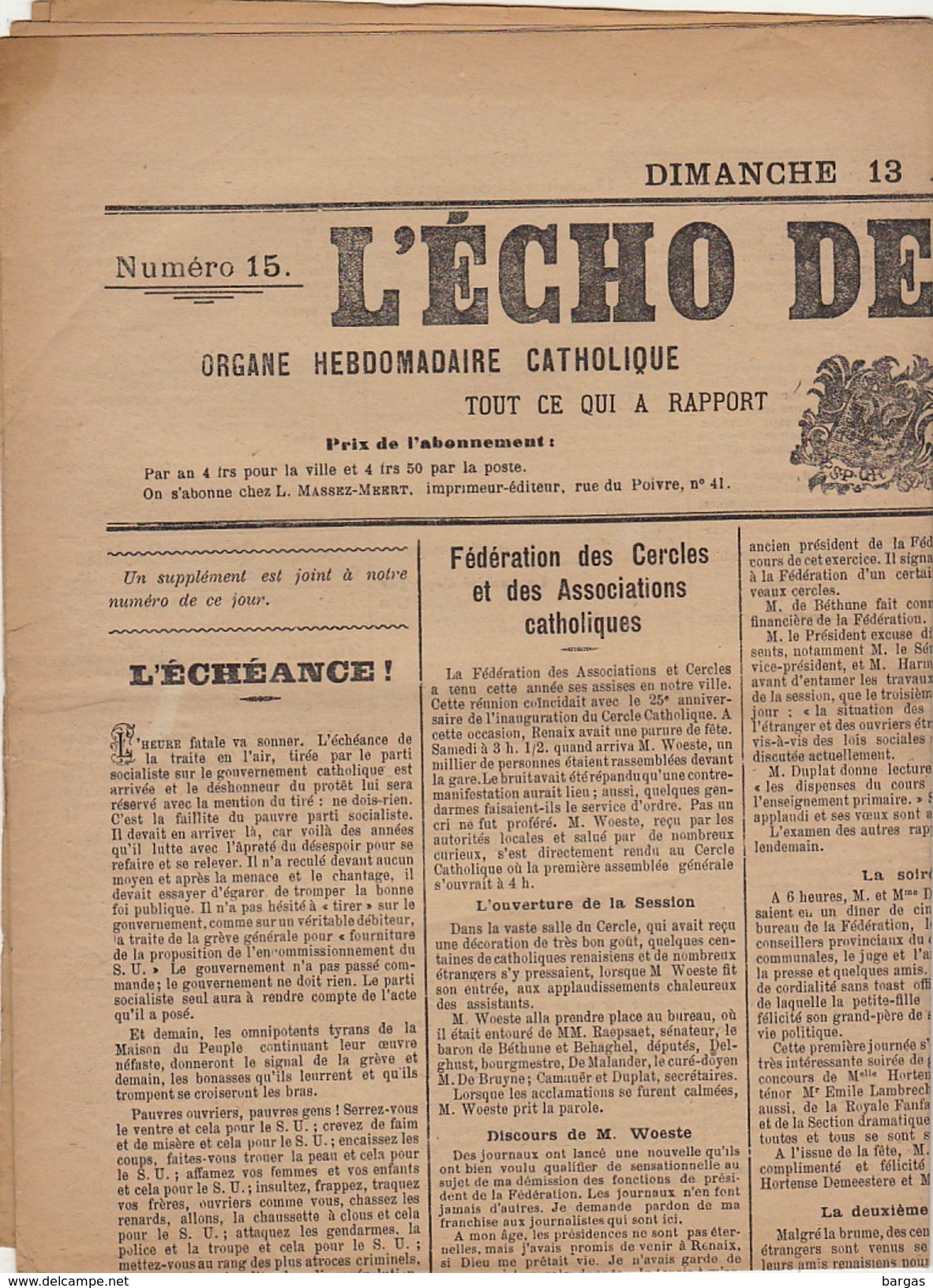 Journal Ancien Catholique L'ECHO DE RENAIX Ronse 13 Avril 1913 Associations Catholiques Woeste - 1850 - 1899