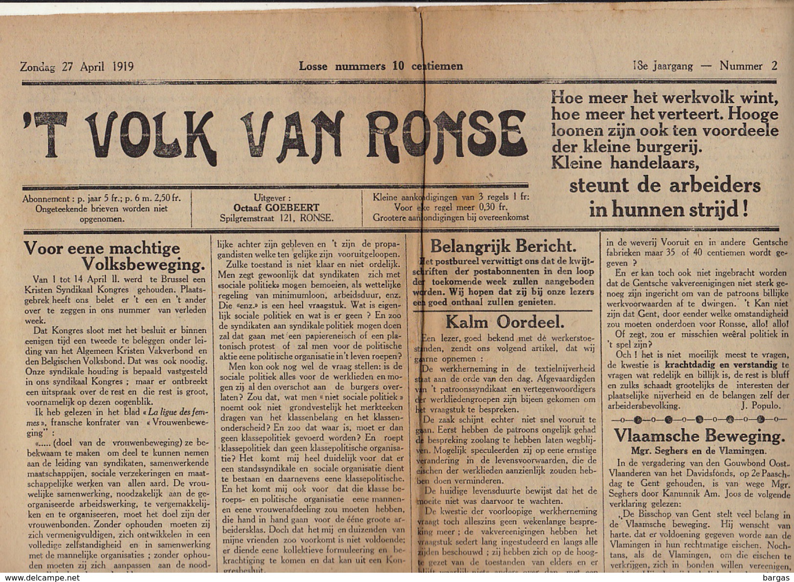 Journal Ancien Catholique 'T VOLK VAN RONSE Renaix 27 Avril 1919 Prisonniers De Guerre Morts Pendant Et Après Le Retour - 1850 - 1899