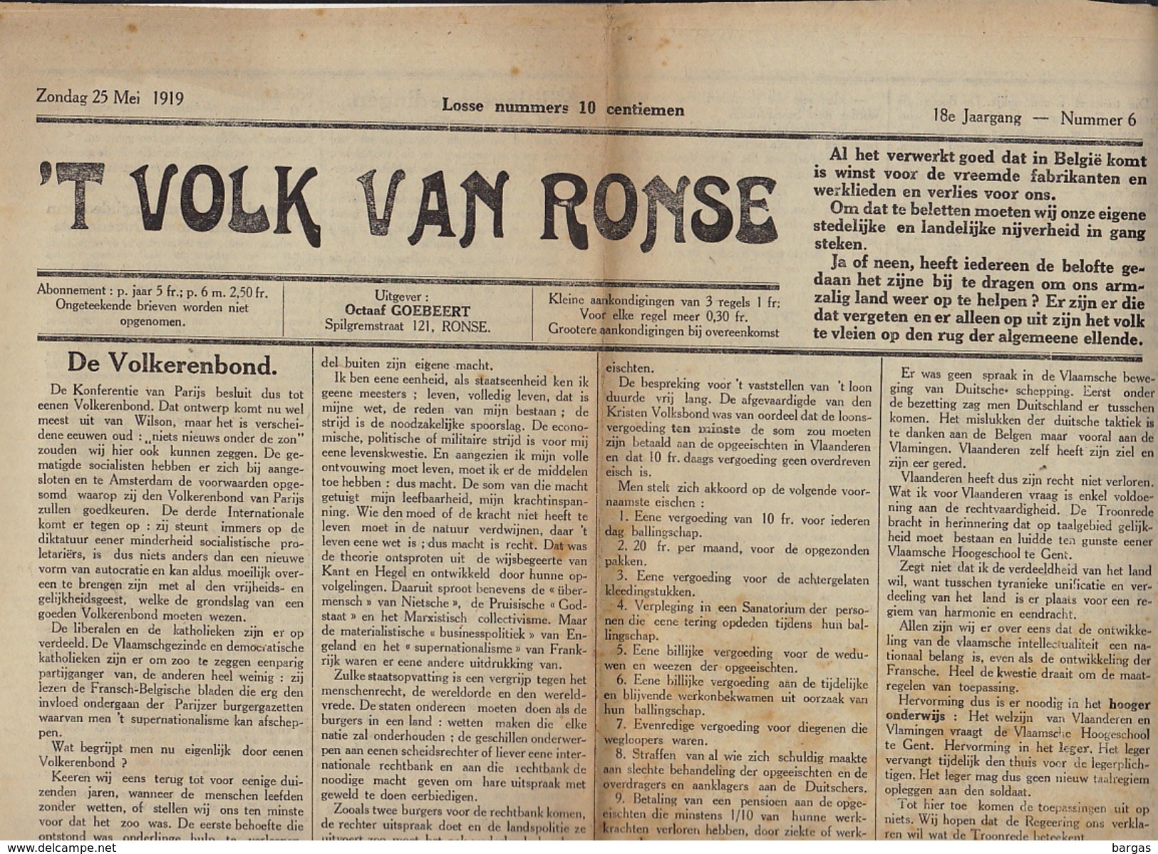 Journal Ancien Catholique 'T VOLK VAN RONSE Renaix 25 Mai 1919 Volkerenbond  De Kamers ... - 1850 - 1899