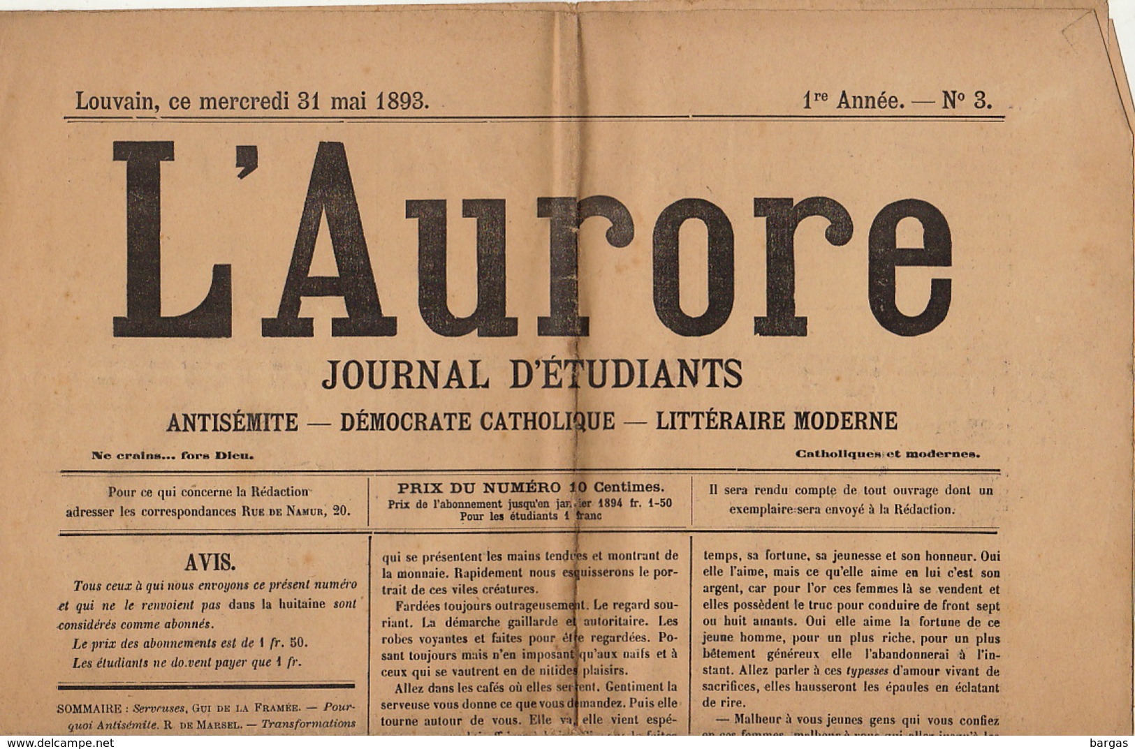 Journal Ancien Etudiant Université De Louvain L'AURORE Du 31 Mai 1893 Antisémite Catholique - 1850 - 1899