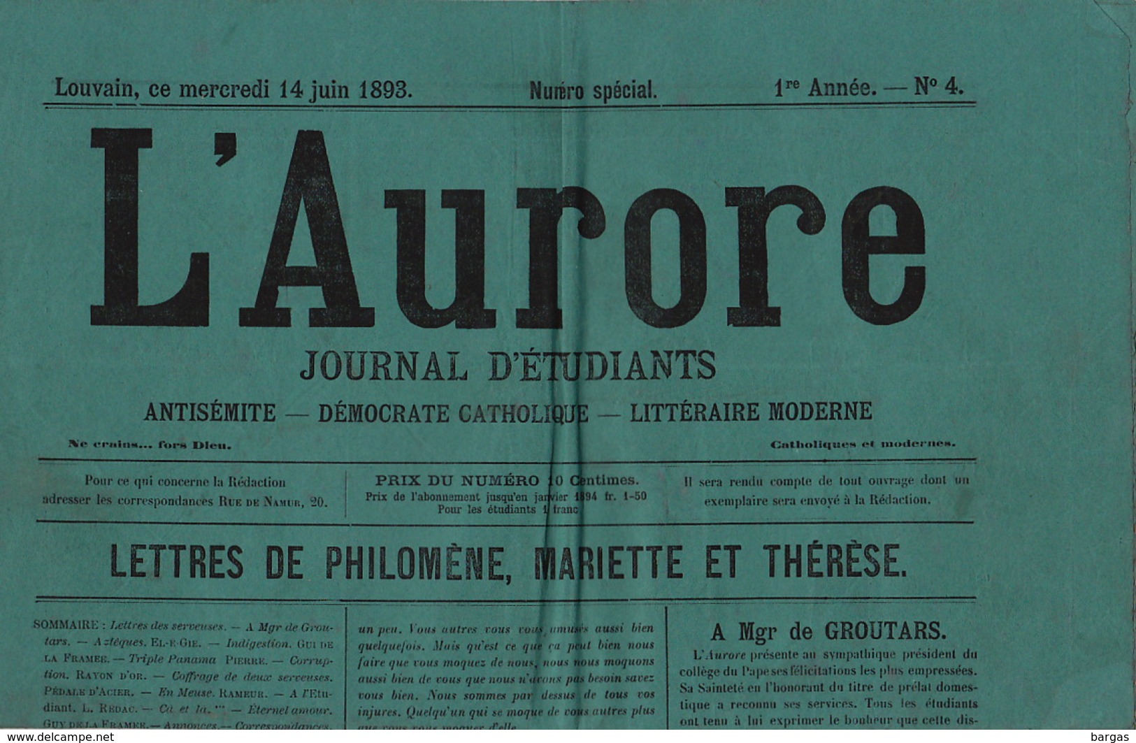 Journal Ancien Etudiant Université De Louvain L'AURORE Du 14 Juin 1893 Antisémite Catholique N° Spécial - 1850 - 1899