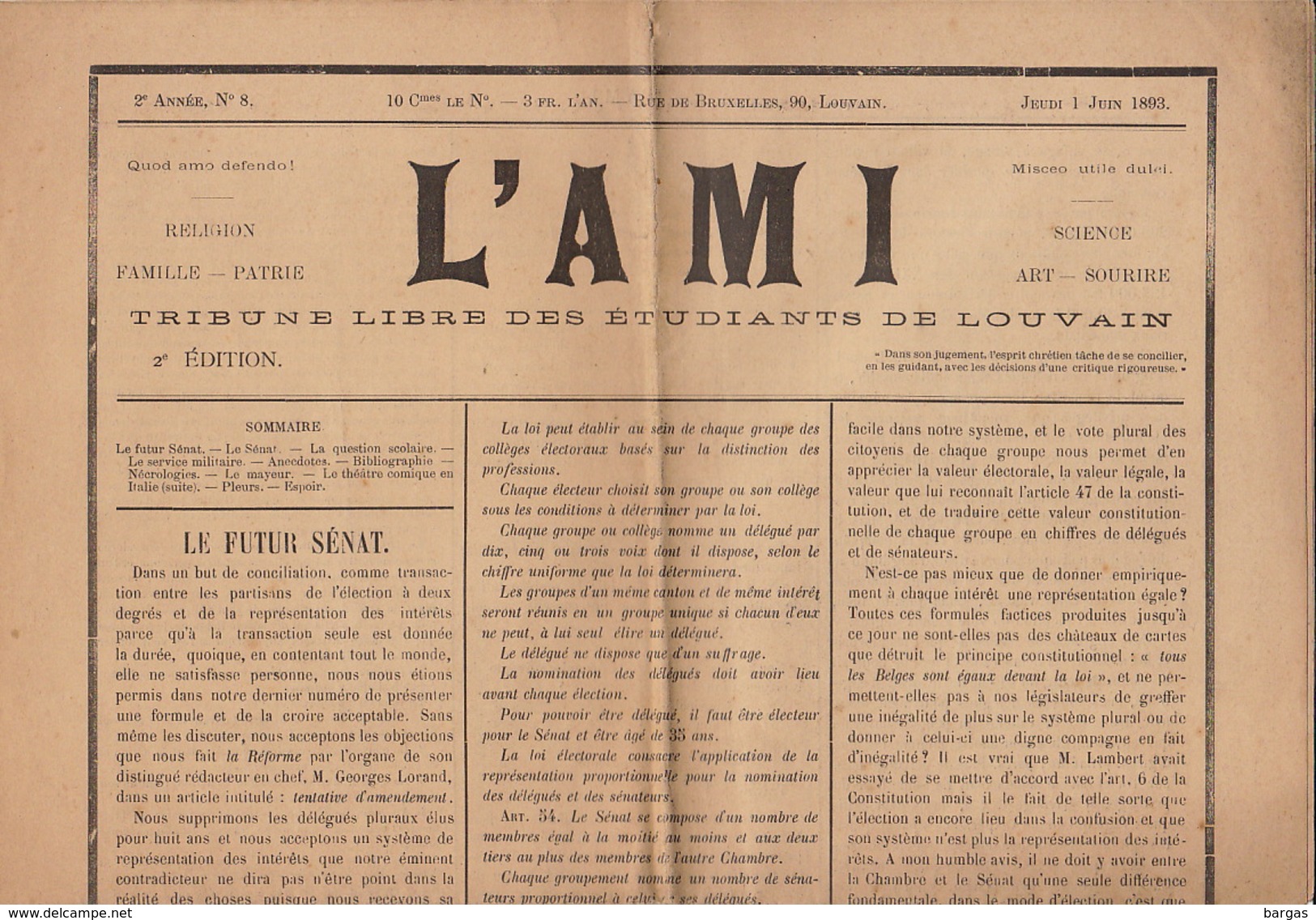 Journal Ancien Etudiant Université De Louvain L'AMI Du 1 Juin 1893 - 1850 - 1899