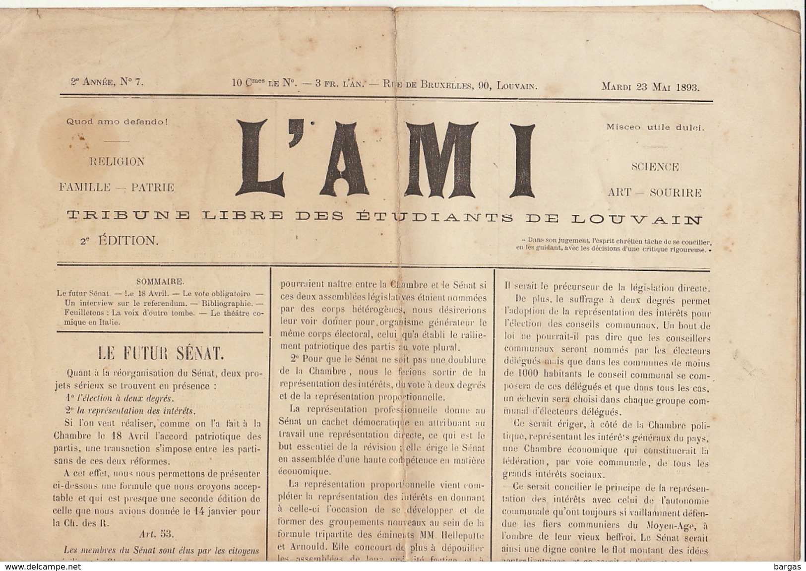 Journal Ancien Etudiant Université De Louvain L'AMI Du 23 Mai 1893 - 1850 - 1899