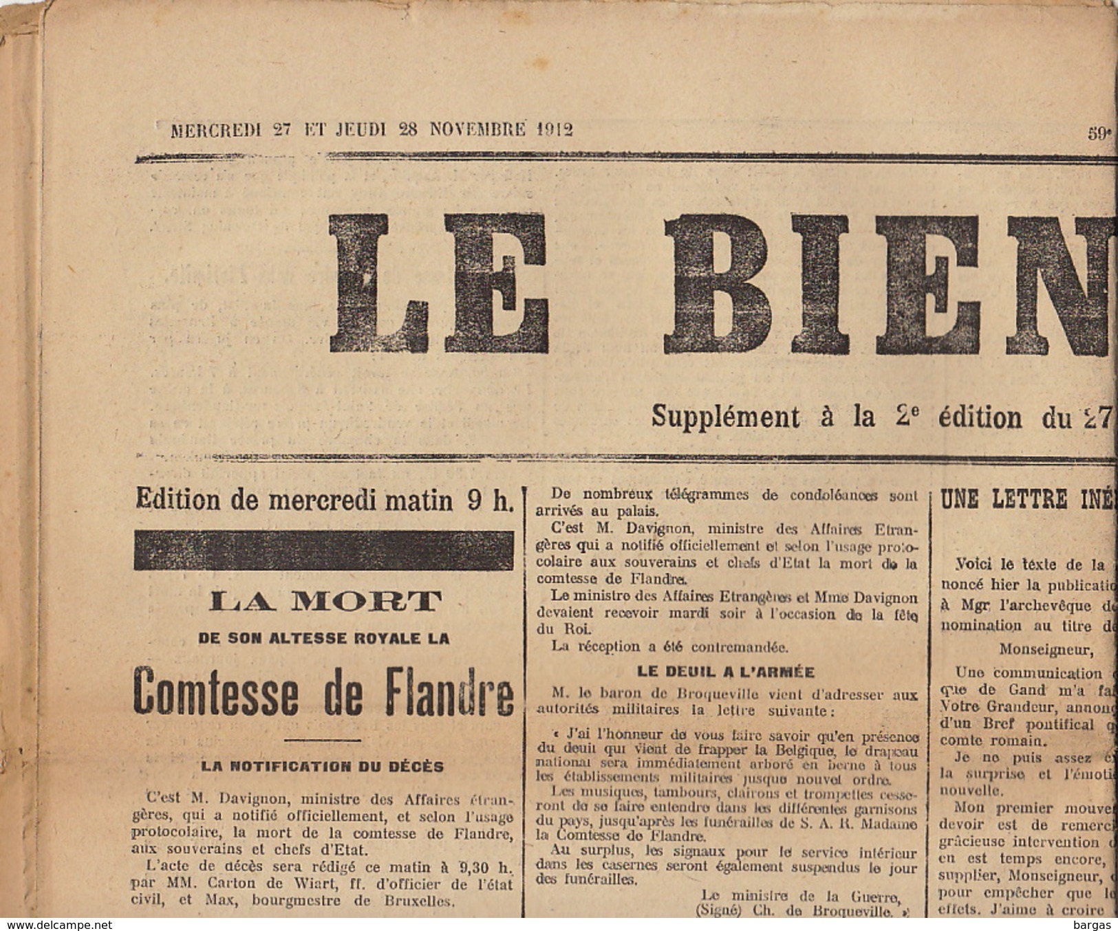 Journal Ancien LE BIEN PUBLIC 27 28 Novembre 1912 Comtesse De Flandre Comte Verspeyen Guerre Des Balkans ... - 1850 - 1899
