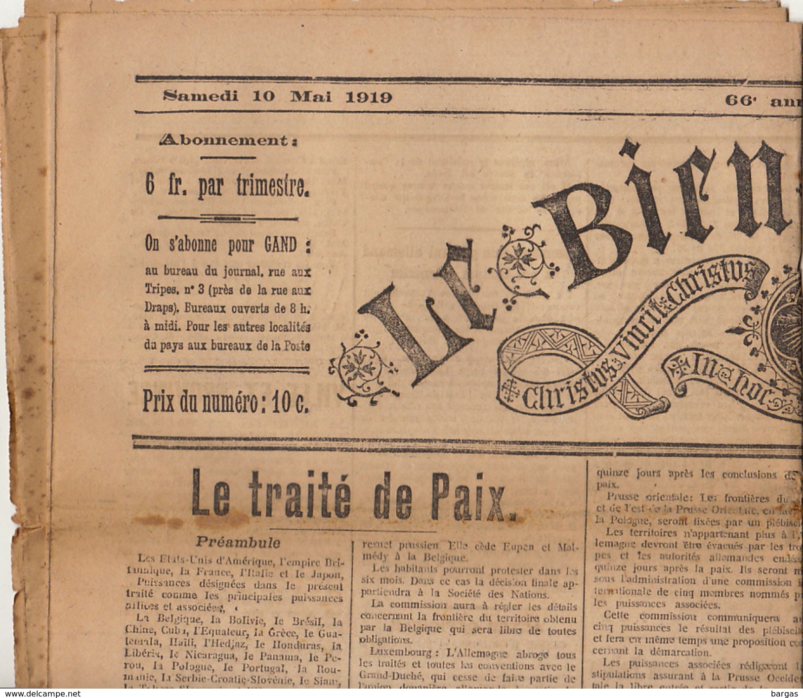 Journal Ancien LE BIEN PUBLIC 10 Mai 1919 Guerre Traité De Paix Clauses ... - 1850 - 1899