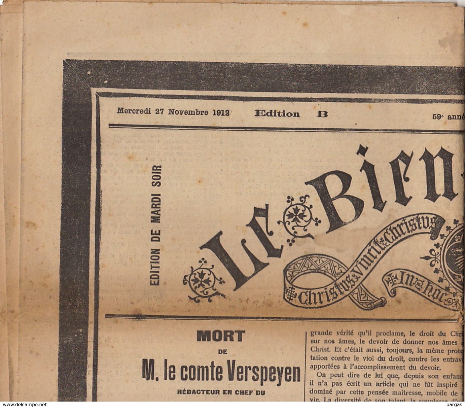 Journal Ancien LE BIEN PUBLIC 27 Novembre 1912 Mort Du Comte De Verspeyen Comtesse De Flandre Balkans - 1850 - 1899