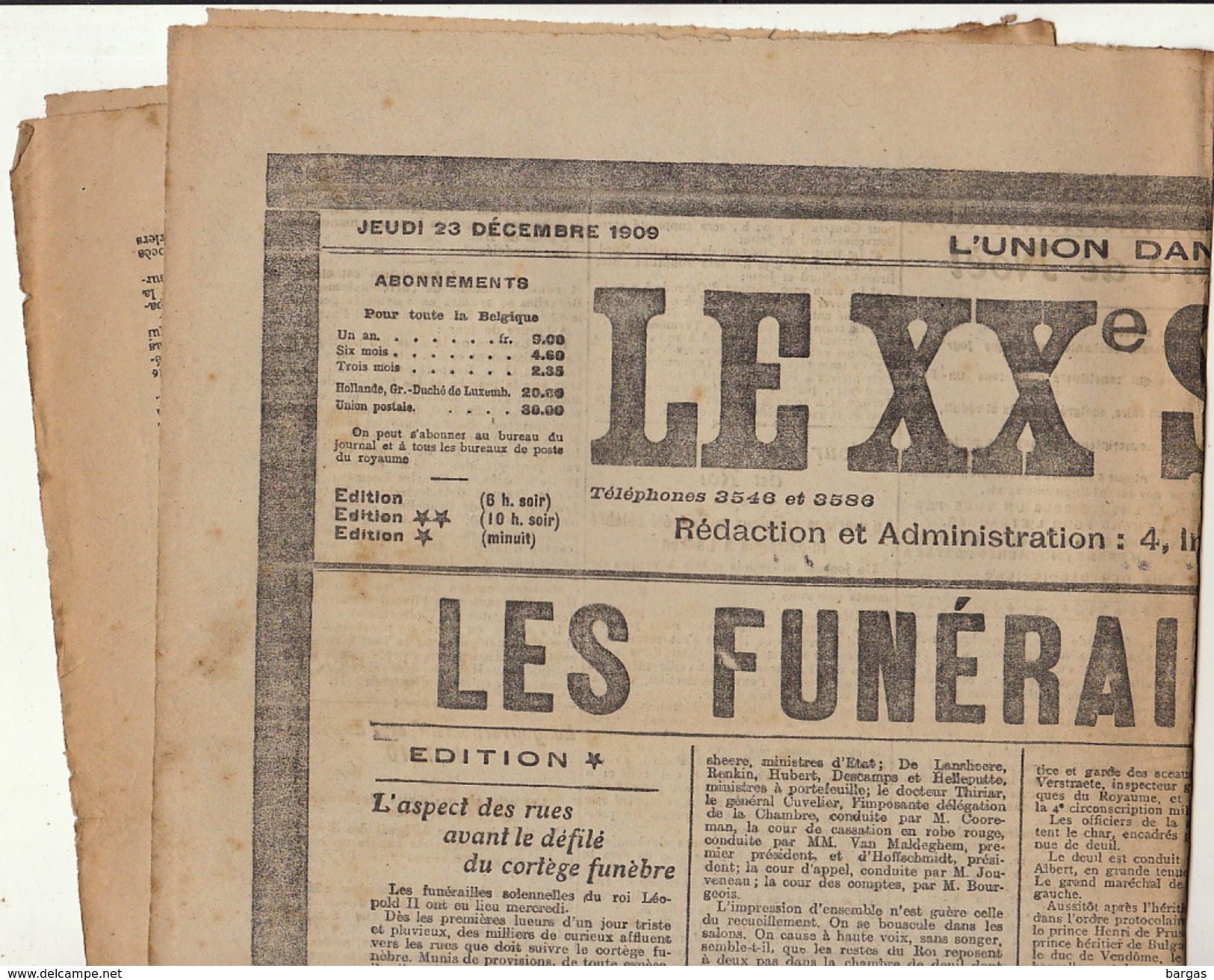 Journal Ancien LE XXè SIECLE Samedi 23 Décembre 1909 Funérailles Du Roi  Léopold II - 1850 - 1899