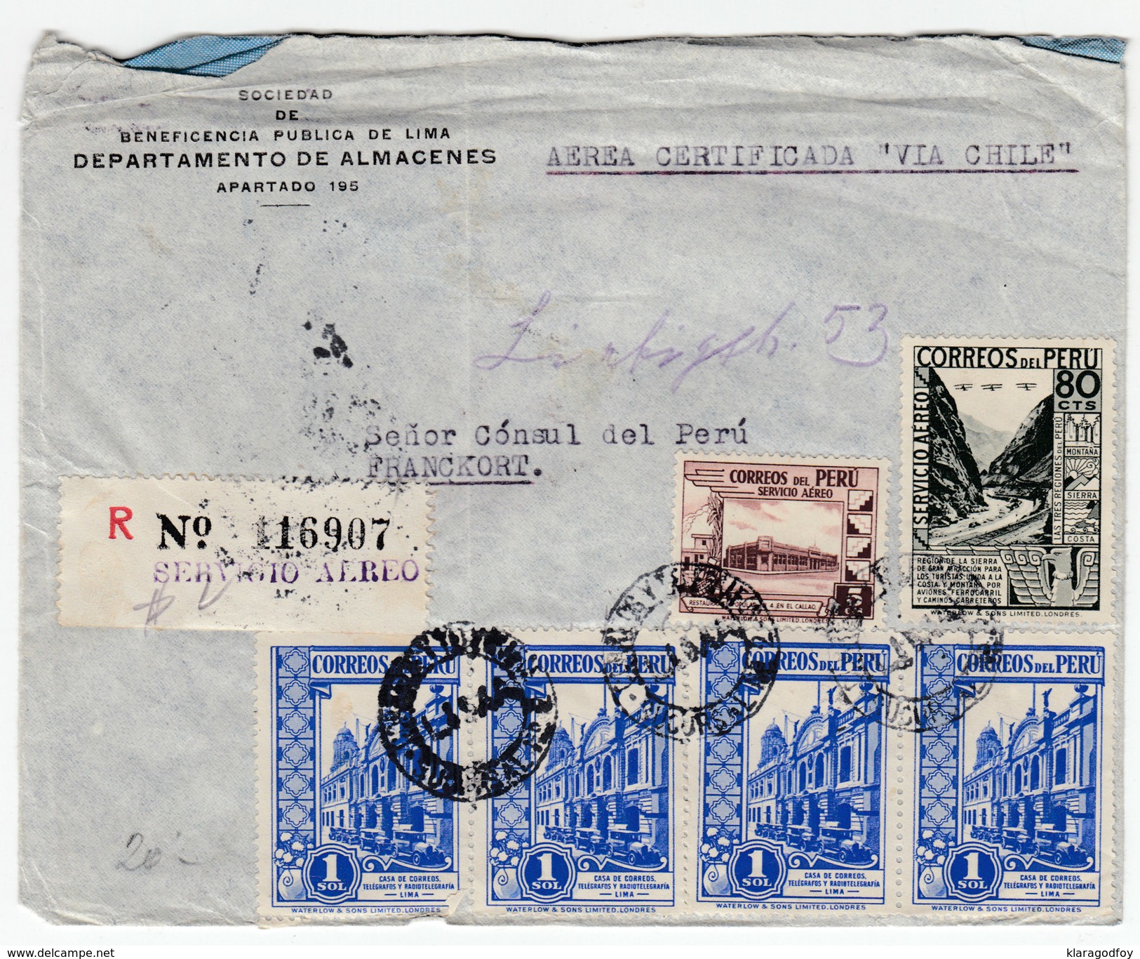 Peru Registered Air Mail Letter Cover Travelled 1939 To Frankfurt 16XI28 - Pérou