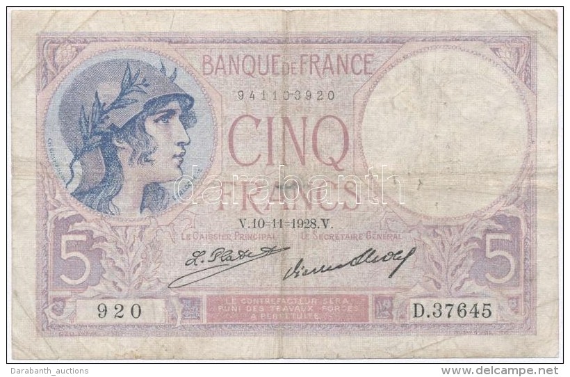 Franciaorsz&aacute;g 1928. 5Fr T:III- Ly.
France 1928. 5 Francs C:VG Hole
Krause 72. - Non Classés
