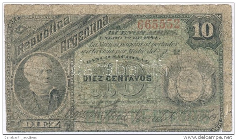 Argent&iacute;na 1884. 10c T:III-,IV
Argentina 1884. 10 Centavos C:VG,G
Krause 6. - Non Classés