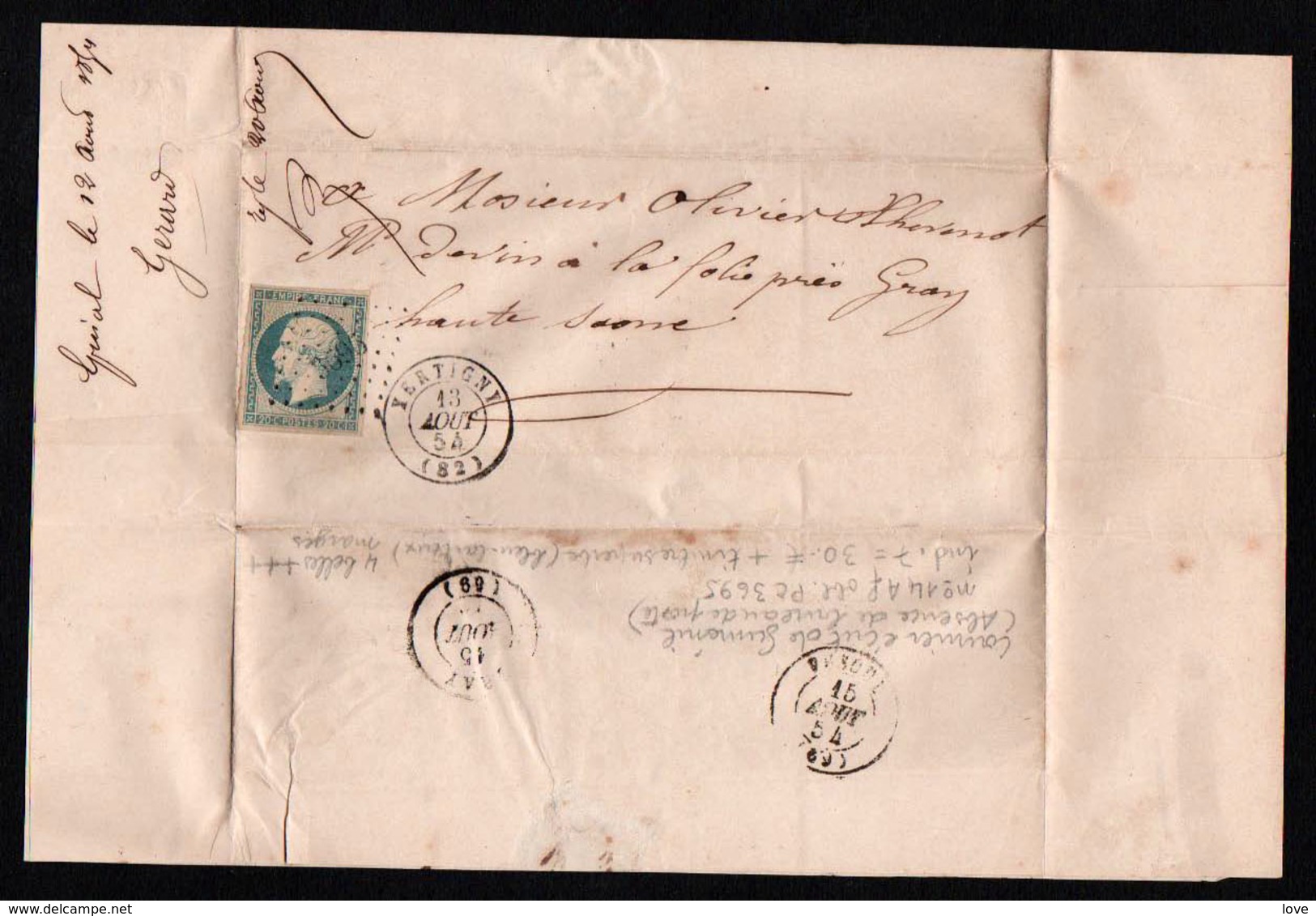 FRANCE: Timbre N°14 Af (1) Bleu Laiteux Obl.. PC3695, Cad Xertigny (82 Voges) En 1854 - 1849-1876: Période Classique