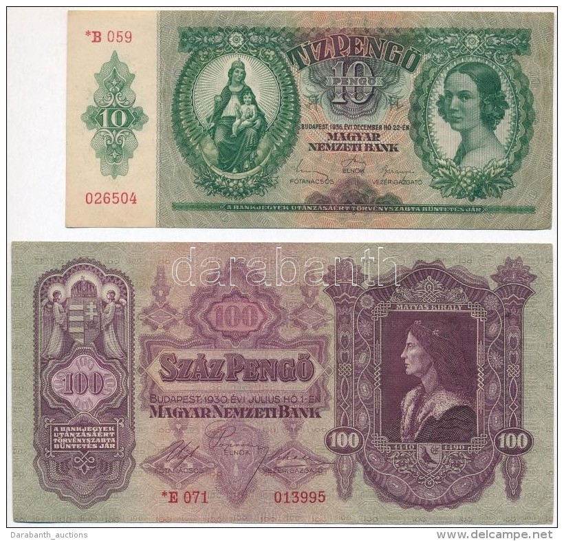 1930. 100P + 1936. 10P MindekettÅ‘n&eacute;l Csillagos Sorozatsz&aacute;m T:II Nyomdai Pap&iacute;rr&aacute;nc - Non Classés