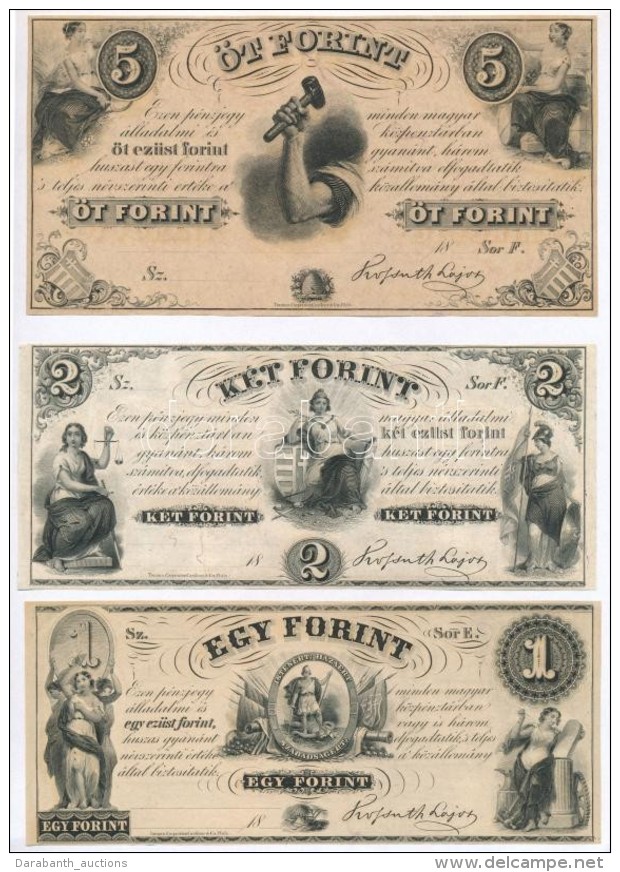 1852. 1Ft Kit&ouml;ltetlen 'E' + 2Ft Kit&ouml;ltetlen 'F' + 5Ft Kit&ouml;ltetlen 'F' 'Kossuth Bank&oacute;'... - Non Classés