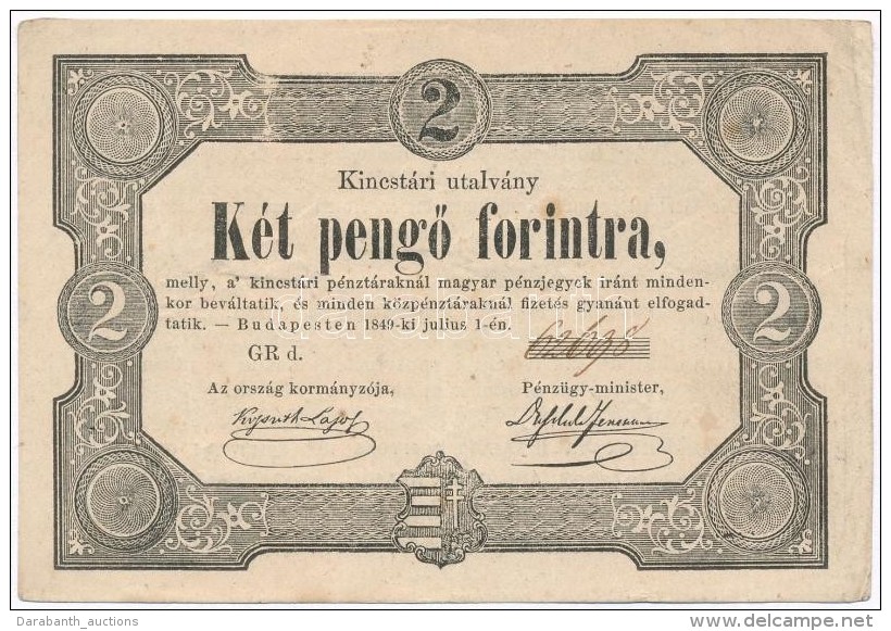 1849. 2Ft 'Kossuth Bank&oacute;' T:III Sz&eacute;p Pap&iacute;r
Adamo G108 - Non Classés