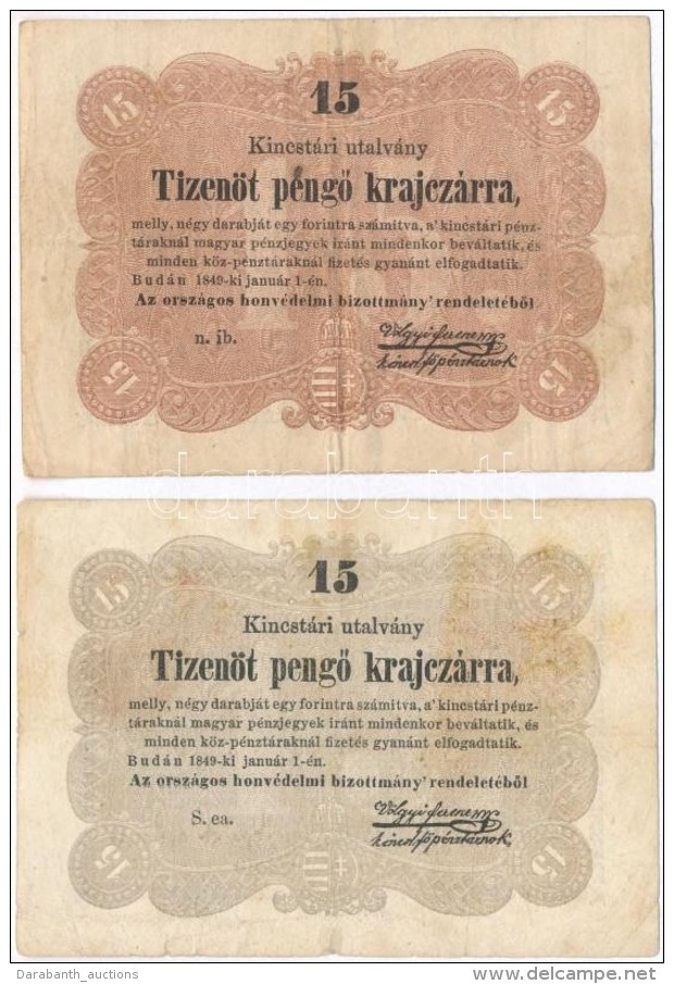 1849. 15kr 'Kossuth Bank&oacute;' 2db Klf Sz&iacute;nben, Sz&uuml;rke Vari&aacute;ns Publik&aacute;latlan! T:III... - Non Classés