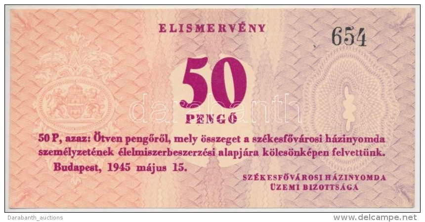 Budapest 1945. 50P Elismerv&eacute;ny 'Sz&eacute;kesfÅ‘v&aacute;rosi H&aacute;zinyomda &uuml;zemi... - Non Classés