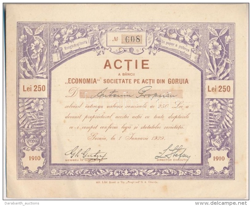 Rom&aacute;nia / Goruia 1929. 'Goruia Vid&eacute;k 'Economia' R&eacute;szv&eacute;nyt&aacute;rsas&aacute;g'... - Non Classés