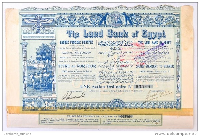 Egyiptom / Alexandria 1905. 'The Land Bank Of Egypt' R&eacute;szv&eacute;nye 5Å-r&oacute;l, Szelv&eacute;nyekkel,... - Sin Clasificación