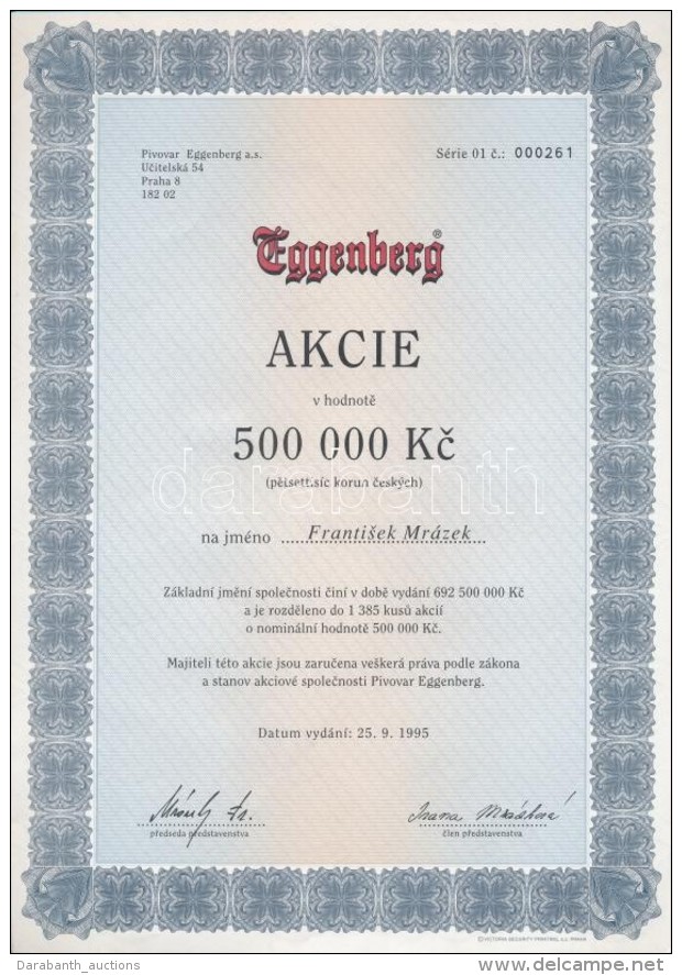 Csehorsz&aacute;g 1995. 'Eggenberg' S&ouml;rgy&aacute;r R&eacute;szv&eacute;nye 500.000K-r&oacute;l T:II 
Czech... - Non Classés