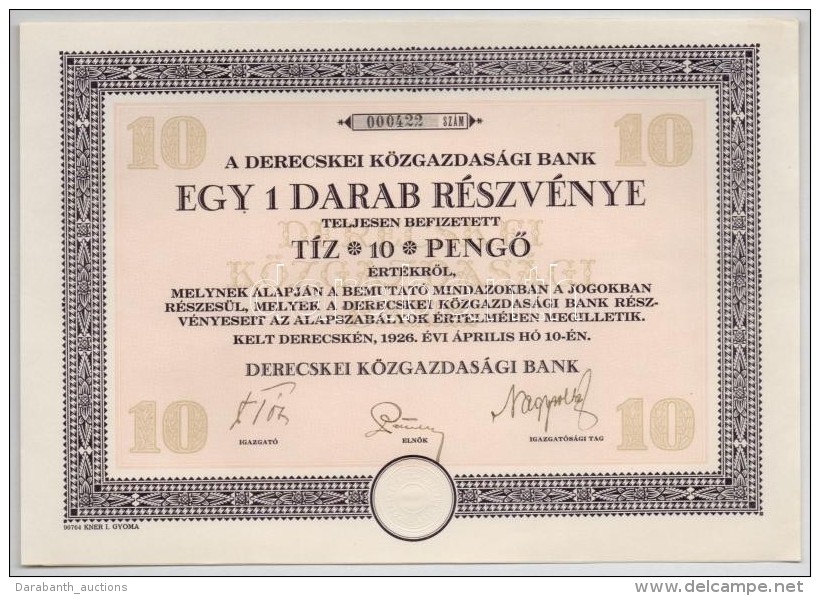 Derecske 1926. 'Derecskei K&ouml;zgazdas&aacute;gi Bank' R&eacute;szv&eacute;nye 10P &eacute;rt&eacute;kben,... - Non Classés