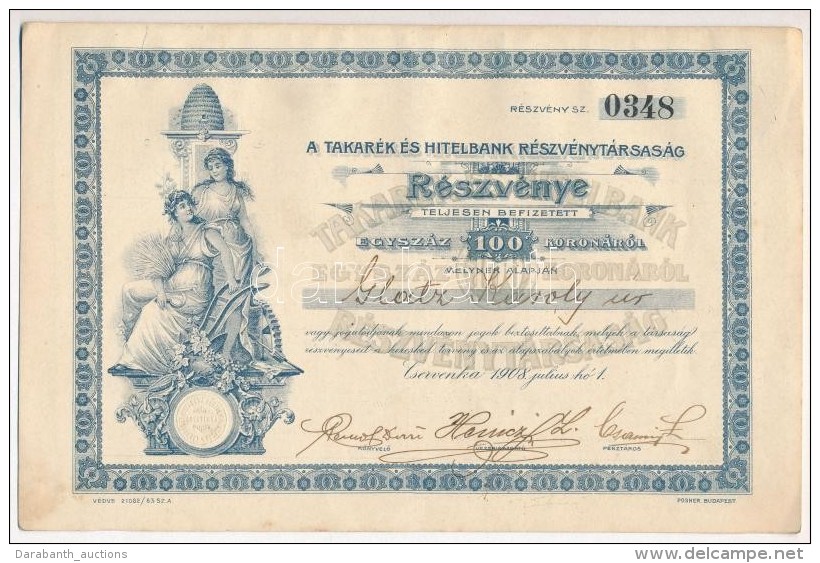 Cservenka 1908. 'Takar&eacute;k &eacute;s Hitelbank R&eacute;szv&eacute;nyt&aacute;rsas&aacute;g' N&eacute;vre... - Non Classés