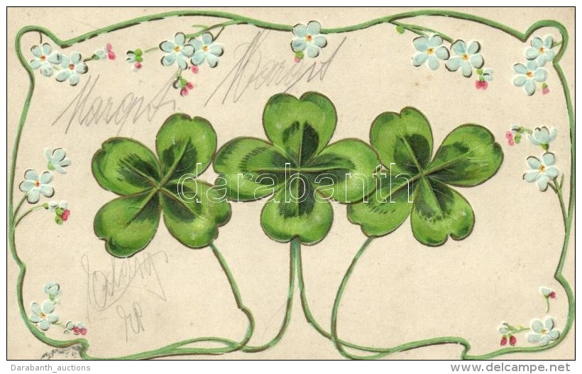 T1/T2 Clovers, Floral Emb. Litho Greeting Card, Erika Nr. 3164 - Non Classés